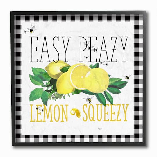 Stupell Industries Easy Peazy Lemon Squeezy Kitchen Humor Plaid Word Design Black Framed Wall Art